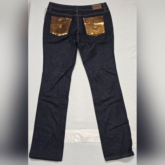 Rocawear 13 Jeans Straight Leg Gold Sequins Embroidered Logo 5 Picket Zip Fly - Picture 2 of 4